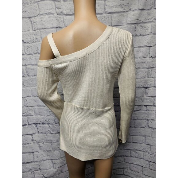 VENUS S IVORY CREAM COLD SHOULDER RIBBED KNIT GTOMMET TUNIC SIDE SLIT SWEATER TO - Picture 9 of 15